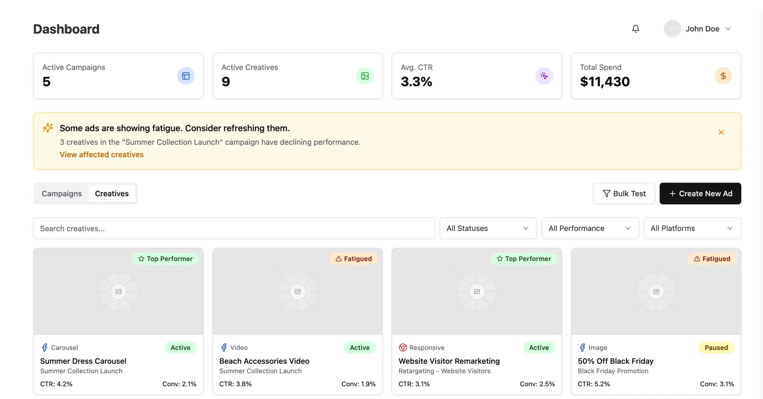 Ads Creator Dashboard Screenshot